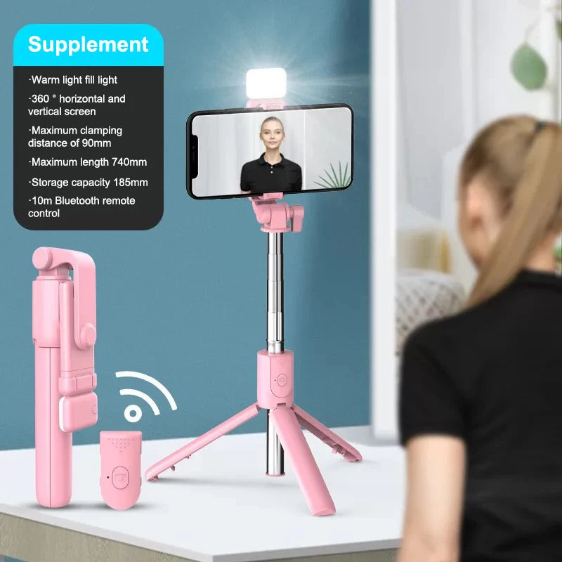 Trépied Perche à Selfie pour Téléphone Portable avec Télécommande Bluetooth et Lumière de Remplissage