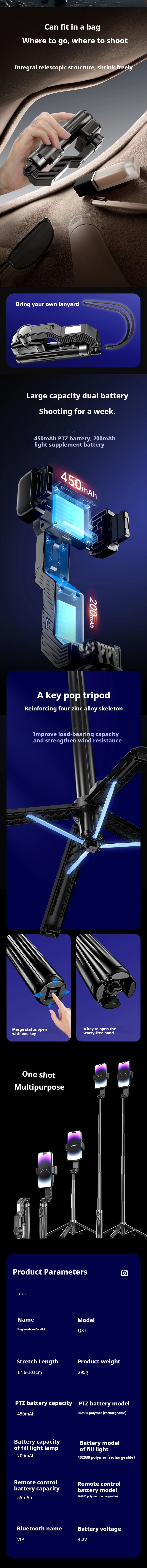 Stabilisateur Q31 – Stabilisateur de cadran portable pour smartphone, perche à selfie, trépied et télécommande sans fil