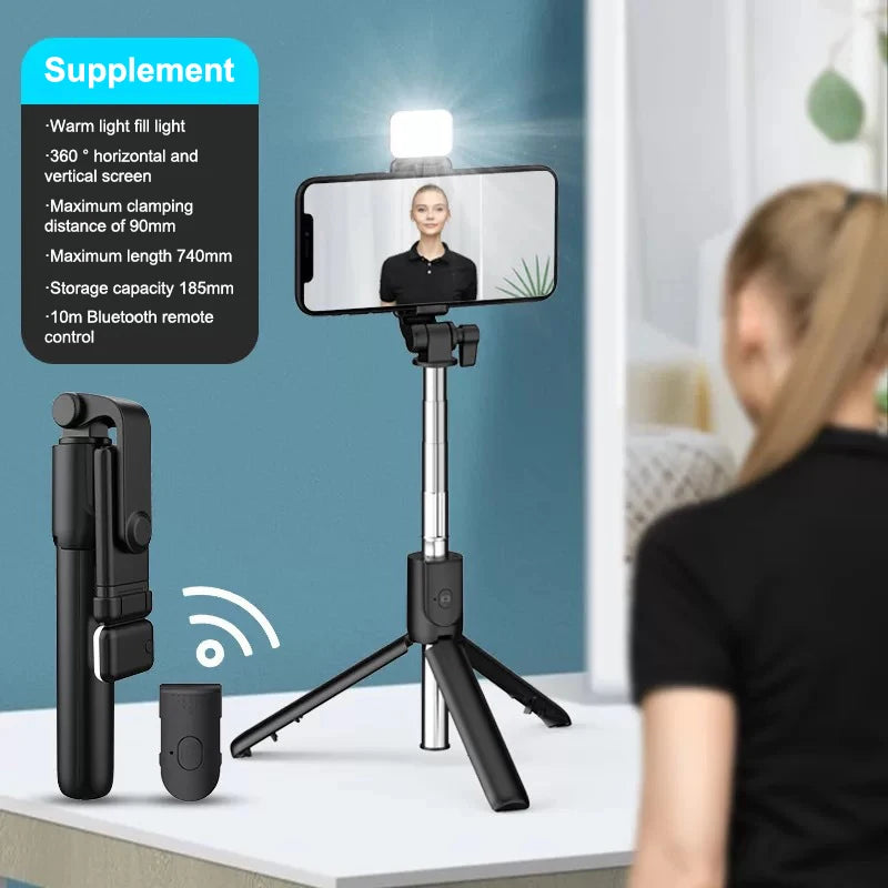 Trépied Perche à Selfie pour Téléphone Portable avec Télécommande Bluetooth et Lumière de Remplissage