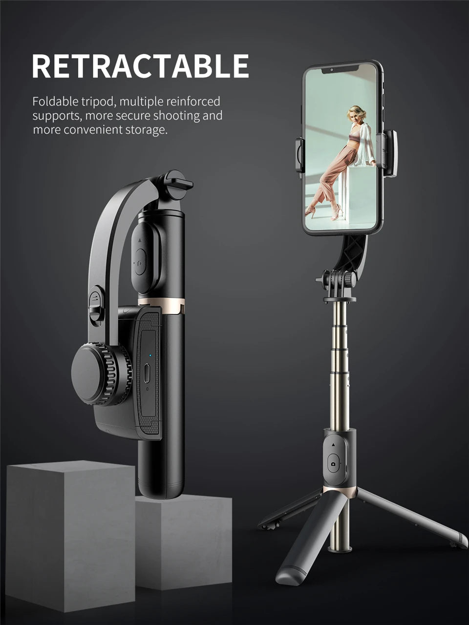 Q08 – Stabilisateur de cardan, perche à selfie, trépied pliable sans fil avec obturateur Bluetooth, monopode pour iOS et Android –