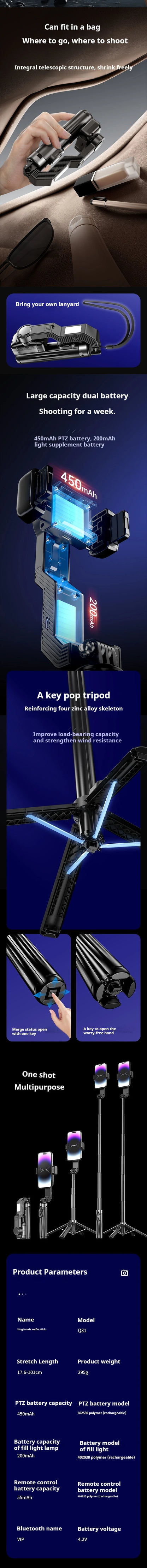 Stabilisateur Q31 – Stabilisateur de cadran portable pour smartphone, perche à selfie, trépied et télécommande sans fil