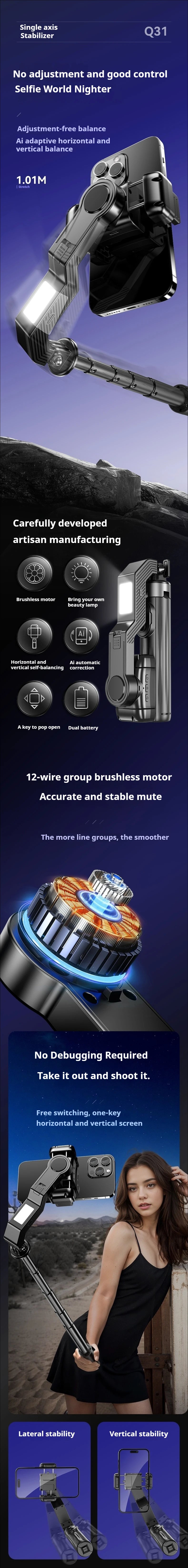 Stabilisateur Q31 – Stabilisateur de cadran portable pour smartphone, perche à selfie, trépied et télécommande sans fil