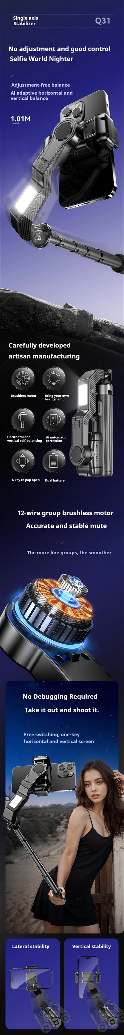 Stabilisateur Q31 – Stabilisateur de cadran portable pour smartphone, perche à selfie, trépied et télécommande sans fil