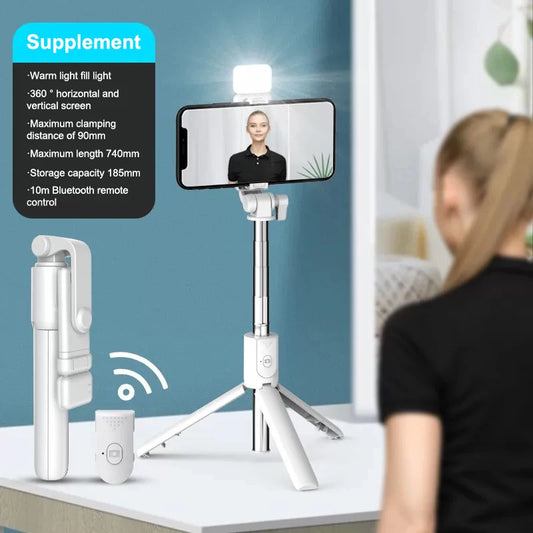 Trépied Perche à Selfie pour Téléphone Portable avec Télécommande Bluetooth et Lumière de Remplissage