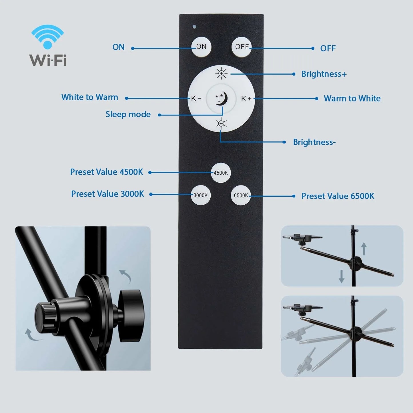 Lampe de studio photo LED 3 000 k-6 500 k, éclairage vidéo avec trépied et bras long, prise UE pour diffusion en direct