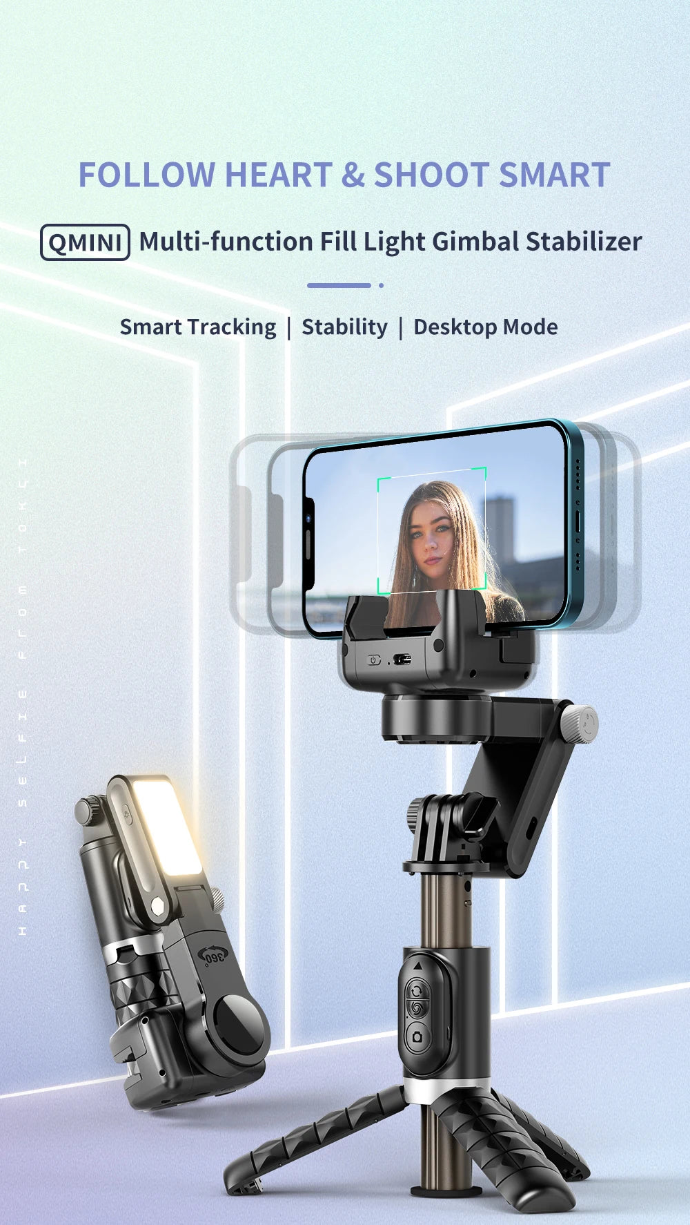 Q18 Desktop Following the shooting Mode Gimbal Stabilizer Selfie Stick Tripod with Fill Light for iPhone Cell Phone Smartphone