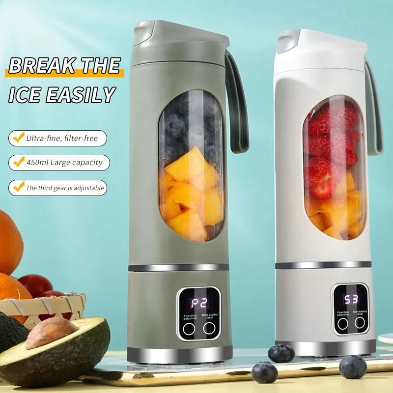 Mélangeur Portable 450 ml – 10 Lames, 3 Vitesses, USB Rechargeable, Broyeur à Glace & Presse-Agrumes