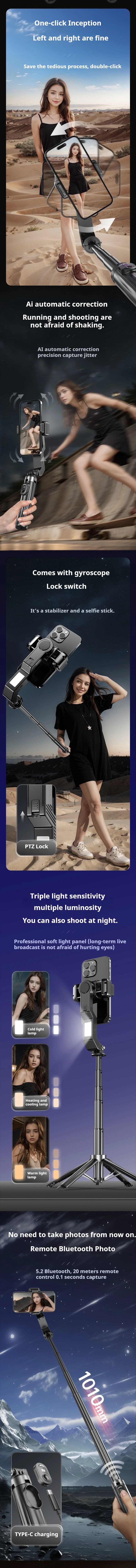 Stabilisateur Q31 – Stabilisateur de cadran portable pour smartphone, perche à selfie, trépied et télécommande sans fil