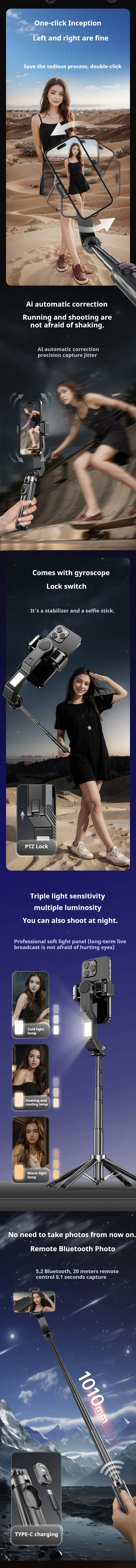 Stabilisateur Q31 – Stabilisateur de cadran portable pour smartphone, perche à selfie, trépied et télécommande sans fil